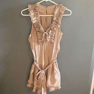 Double zero khaki romper with ruffles and pockets